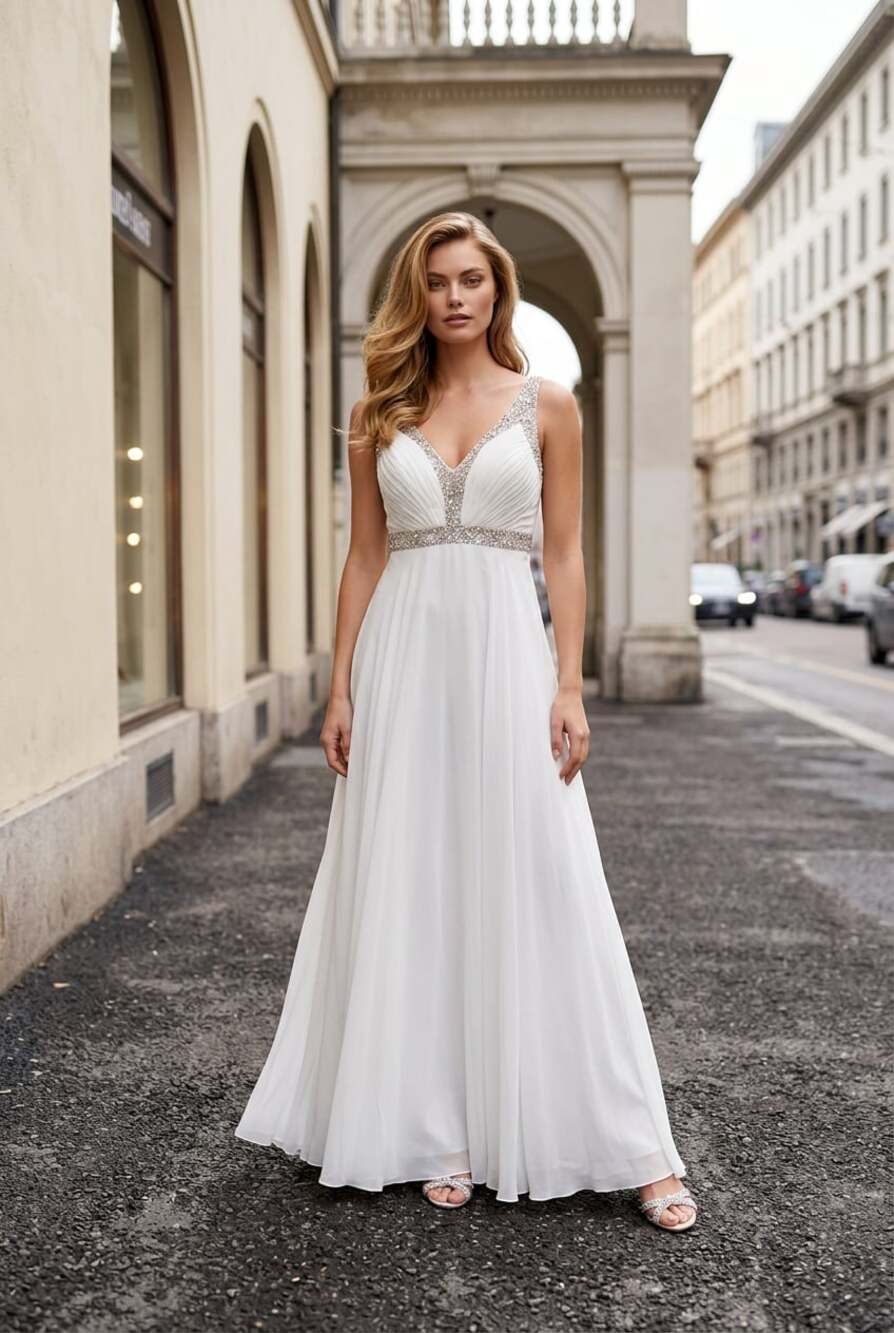 Dave & Johnny White Beaded V-Neck Long Formal Dress